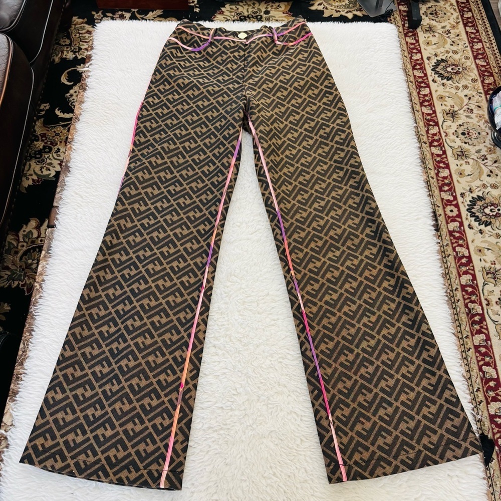 Fendi Zucca Ff Logo Monogram And Pink Piping Wide-Leg Pants Size Eu 42 Us 28